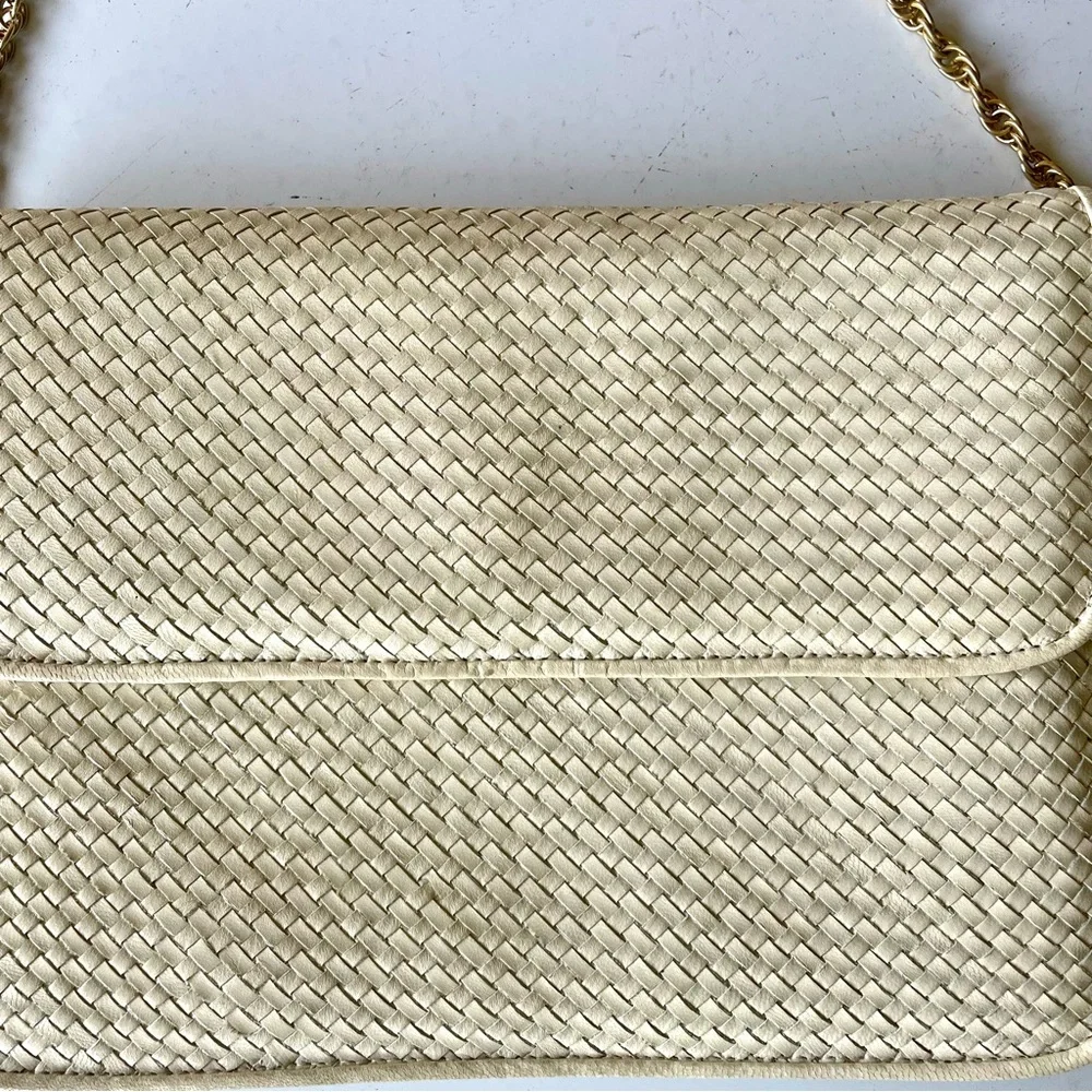 Vintage 80s Cream Leather Woven Purse Clutch - Picture 2 of 6
